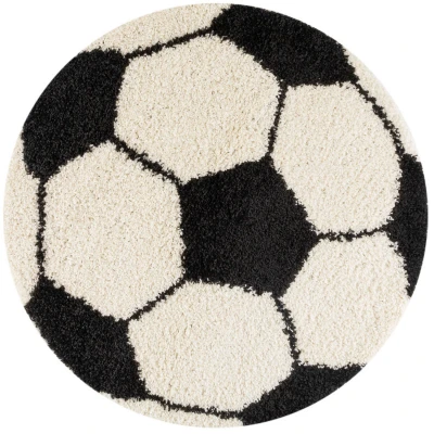 Afbeelding van Fun Voetbal Kinderkamer Vloerkleed Hoogpolig Zwart Wit 120 cm rond
