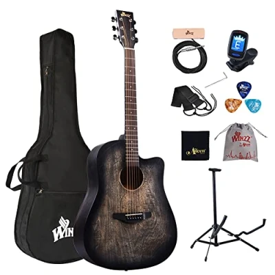 Afbeelding van Winzz 41 inch akoestische gitaar full size vintage gravure, beginners folk 4/4 met gewatteerde tas, standaard, tuner, pick up, riem, plectrums, reinigingsdoek