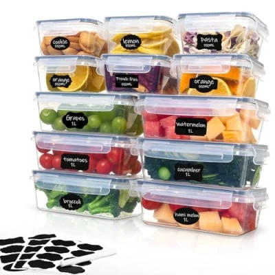 Afbeelding van Ordeluxe Vershouddozen met deksel, vriesdozen, meal prep dozen, 12 stuks, 6 x 1 l + 0,55 ml, BPA vrij en 100% luchtdicht