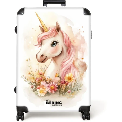 Afbeelding van NoBoringSuitcases.com® Koffer groot Reiskoffer lichtgewicht Eenhoorn met roze manen tussen pastelbloemen Rolkoffer 4 wielen Grote trolley XL 98 liter bagage