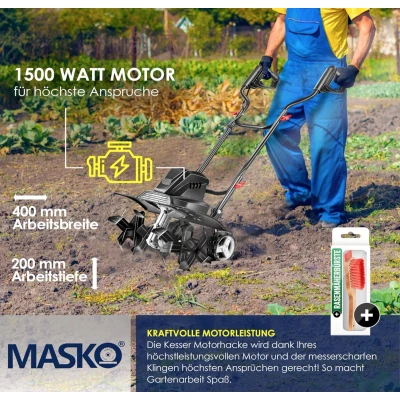 Afbeelding van MASKO® elektrische motorhak 1500 Watt 40 cm werkbreedte 20 werkdiepte grondhak akkerfrees landbouwer tuinfrees hak inklapbare handgreep metalen behuizing transportwielen
