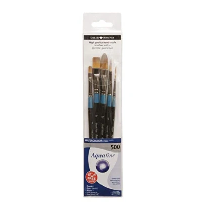 Afbeelding van Daler Rowney Aquafine aquarelborstel, zacht synthetisch haar, kort handvat, rond, ovaal wassen, plat, rigger en platte shader, portemonnee, set 500, 5 verschillende borstels