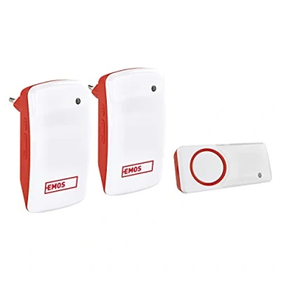 Afbeelding van EMOS Draadloze deurbel/draadloze bel set met 2 ontvangers, 150 m bereik en 10 beltonen, 5 niveaus volume tot 110 dB/visuele weergave/zelflerende koppeling/kleur wit/rood