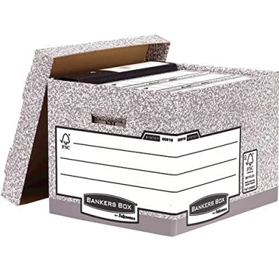 Afbeelding van Bankers Box Archiefdoos met deksel, systeemserie, extra stabiel, voor mappen, ringmappen, archiefdozen, hangmappen, van 100% gerecycled golfkarton, kleur: grijs/wit, 10 stuks