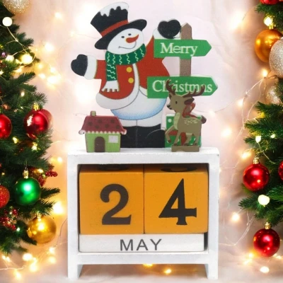 Afbeelding van Houten kerstkalender met sneeuwpop wit Kerstdecoratie