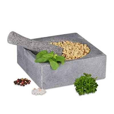 Afbeelding van Relaxdays vijzel met stamper 6,5 x 18,5 cm mortier vierkant graniet