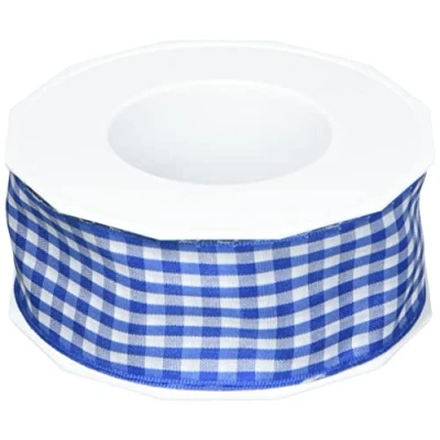 Afbeelding van C.E. Pattberg Präsent Vichy Bedraad lint blauw wit 40 mm breedte, 20 m lengte