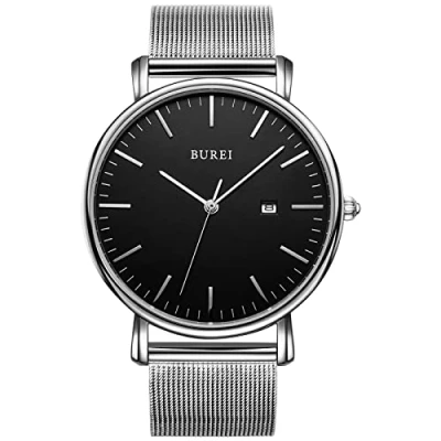 Afbeelding van BUREI Ultradunne minimalistische moderne herenhorloge Classy Date met klassiek eenvoudig ontwerp van groot gezicht en zilveren roestvrijstalen band