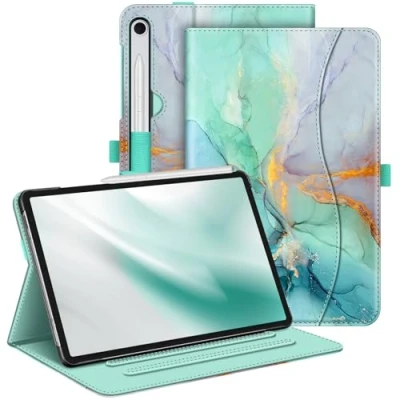 Afbeelding van Fintie Hoes voor Samsung Galaxy Tab S9 FE 10,9 inch/Tab 11 inch 2023 tablet, Multi Angle Folio beschermhoes met documentenvak en automatische slaap/waakfunctie, smaragd marmer