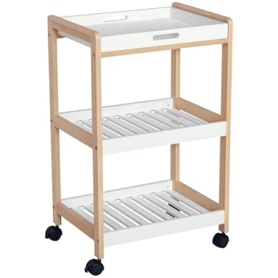 Afbeelding van HOMCOM Serveerwagen voor keuken, met wielen, 2 legplanken, afneembaar dienblad, grenenhout, MDF, wit