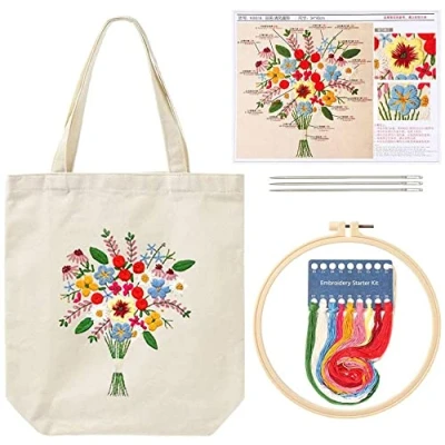 Afbeelding van Namvo Canvas tote bag borduurset met patroon en handleiding, inclusief borduurtas bloemenpatroon, bamboe borduurframe, gekleurd borduurgaren gereedschap