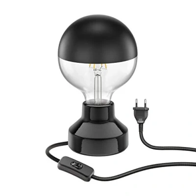Afbeelding van ledscom.de E27 porseleinen tafellamp TIX, rond met stekker en schakelaar, zwart, 90mm incl. lamp 660lm warm wit