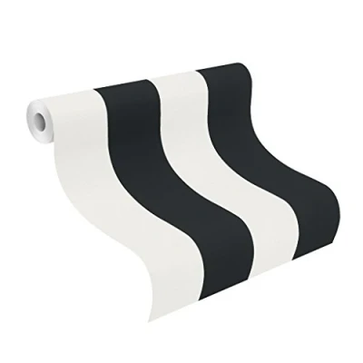 Afbeelding van rasch Behang 286694 papierbehang met strepen in zwart wit 10,05 m x 0,53 (L B)