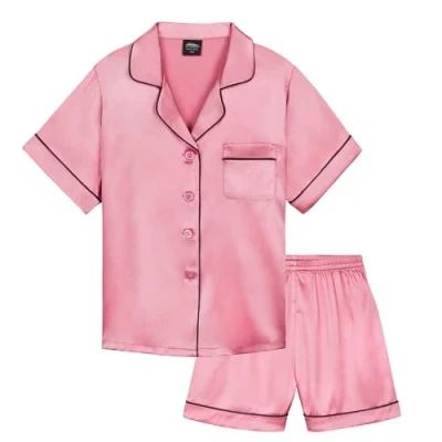 Afbeelding van CityComfort Satijnen zomerpyjama voor meisjes, kinderen en tieners van 7 tot 16 jaar, 2 delige set, korte pyjama Oud Roze, 15 Jaar
