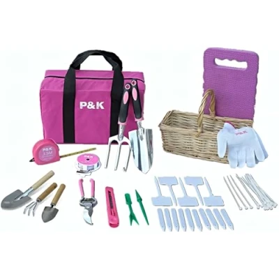 Afbeelding van P &amp; K 49 delige tuingereedschapsset in roze met praktische mand en tassen, perfect voor tuin balkonwerk, plantenverzorging creatieve tuinprojecten, stijlvolle set hobbytuiniers