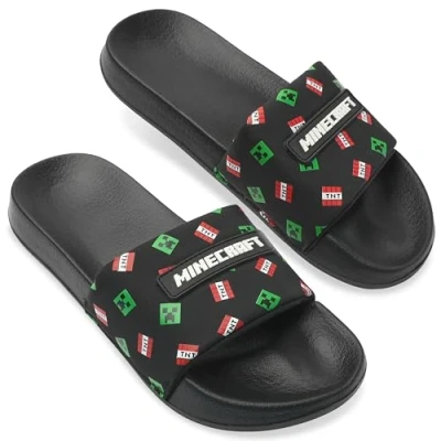 Afbeelding van Minecraft Jongens Sliders of Flip Flops voor Strand en Zwembad Cadeaus, Zwarte Sliders, 13 UK Child