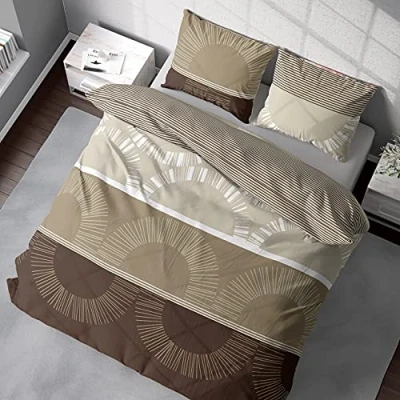 Afbeelding van DILIOS Premium beddengoed, 135 x 200 cm, 100% katoen, ademend, renforcé, met ritssluiting, lichtbruin/bruin, 2 delig, beddengoedset, dekbedovertrek + kussensloop