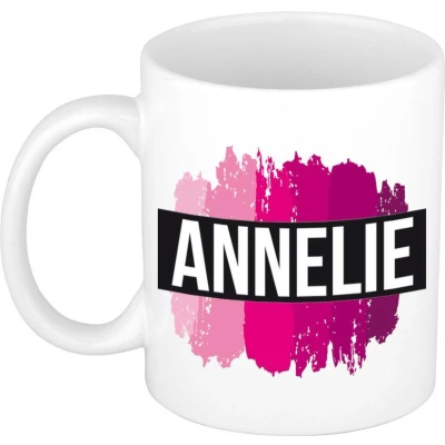 Afbeelding van Annelie Naam / voornaam kado beker mok roze verfstrepen Gepersonaliseerde met mokken