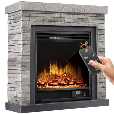Afbeelding van KESSER® Elektrische open haard, staande haard met 3D vlameffect, verwarmingsfunctie, 1800 W vermogen, timer, thermostaat, afstandsbediening, dimbaar, steenlook/grijs