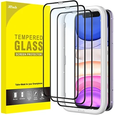 Afbeelding van JETech Full Coverage Screen Protector voor iPhone 11/XR 6,1 Inch, Zwarte Rand, Volledige Dekking Gehard Glas Film Schermbeschermer met Eenvoudige Installatietool, HD Doorzichtig, 3 Stuks
