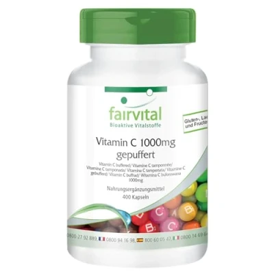 Afbeelding van Fairvital Gebufferde vitamine C 1000mg HOOG GEDOSEERD 400 capsules VEGAN maagvriendelijk calcium ascorbaat