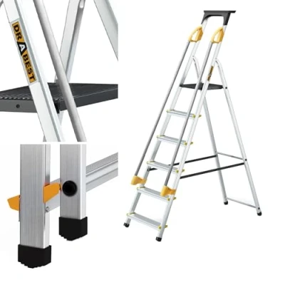 Afbeelding van DRABEST Ladder PRO Serie Aluminium 6 Treden Inklapbare Trapladder Met Veiligheidsleuningen Huishoudladder Belastbaar Tot 150 Kg