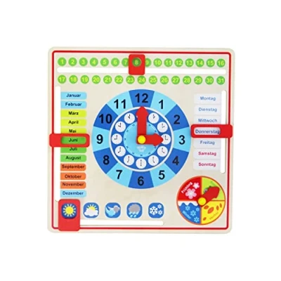 Afbeelding van Tooky Toy Houten jaarklok voor kinderen leerklok waarmee uw kind gemakkelijk de klok, weekdagen, maanden, seizoenen en het weer kan leren ca. 30 x 5 cm geschikt vanaf 36 maanden