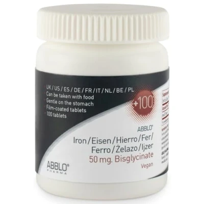 Afbeelding van ABBLO IJZER 50 mg. BISGLYCINATE 100 Tabl. STERK 1 tablet per dag is voldoende.