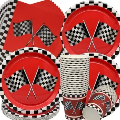 Afbeelding van Doyomtoy Verjaardagsdecoratie, 72 stuks, partyserviesset, raceauto, verjaardag, feestset, verjaardagsborden, bekers, servetten, themafeest