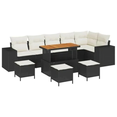 Afbeelding van vidaXL 10 delige Tuin Sofa Set met Kussens Zwart Poly Rattan Acacia, 4 Eetset Acacia