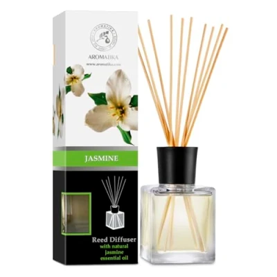 Afbeelding van Geurstokjes Jasmijn 200ml Intensieve Verse Langdurige en Frisse Geur Aromatherapie Diffuser Luchtverfrisser Huisparfum Geurolie Geurverspreider met 8 Bamboestokjes Glazen Fles Charmante Accessoires van Aromatika.