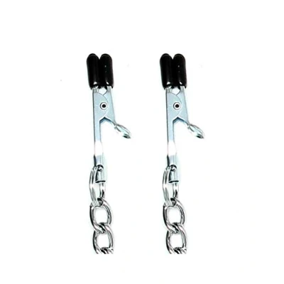 Afbeelding van Rimba Bondage Play Tepelklemmen met zwarte siliconen hoesjes en ketting