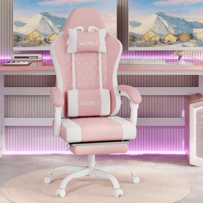Afbeelding van WOLTU Gamingstoel met massagefunctie, computerstoel pocketveringkussen, ergonomische draaistoel hoofdkussen, lendenkussen, voetensteun, netstof, roze + wit, GS15rsw