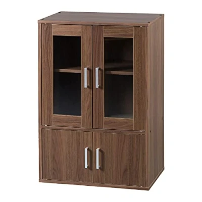 Afbeelding van Iris Ohyama, vitrinekast / met planken en deurklink Houten plank deuren, In hoogte verstelbare 3,2 cm, Keuken Cabinet GKN 9060 Bruin
