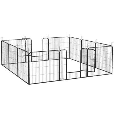 Afbeelding van PawHut Puppy Playpen 80 cm hoog, 12 delige puppyren met 2 deuren, doe het zelf hondenren voor buiten, middelgrote honden, konijnen en cavia&#039;s, staal, zwart
