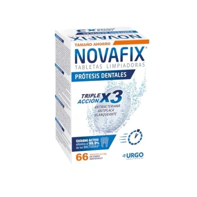 Afbeelding van Novafix Drievoudige werkingstabletten voor tandprothesen en orthodontische apparaten box met 66 stuks (spaarformaat)