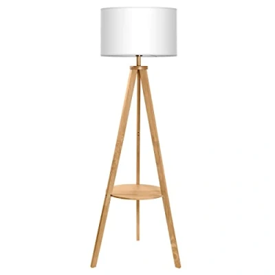 Afbeelding van tomons staande lamp statief van hout, met plank en E27 8 W gloeilamp, witte lampenkap stof, Scandinavische stijl, voor woonkamer, slaapkamer