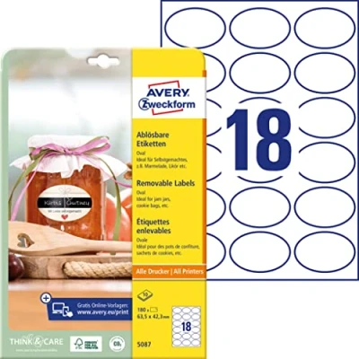 Afbeelding van Avery Zweckform 180 flessenetiketten, zelfklevend (63, 5x42, 3 mm, ovaal, sticker, ideaal voor inmaakpotten, kruidenpotjes, likeurflessen, zelfgemaakt uit de keuken, artikelnummer: 5087) 10 vellen wit