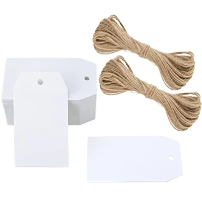 Afbeelding van G2PLUS Cadeaulabels, 100 stuks, kraftpapier, labels, labels 4 x 7 cm, met jute koord voor handgemaakt, huwelijkscadeau, Kerstmis, wit