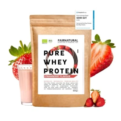 Afbeelding van biologisch wei eiwitpoeder aardbei [uit Duitsland] zonder soja hoogwaardige biologische proteïneshakes &quot;100% natuurlijk&quot; 600 g hoogwaardig weiproteïnepoeder