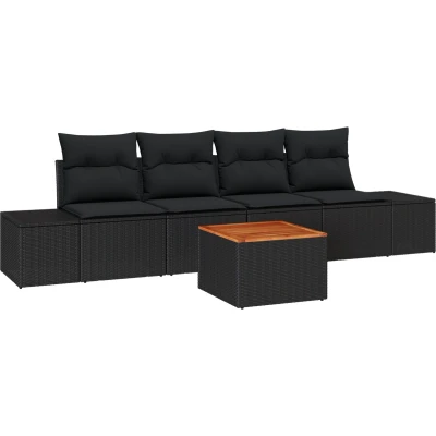 Afbeelding van vidaXL 5 delige tuinsofa set met kussens zwart poly rattan acacia