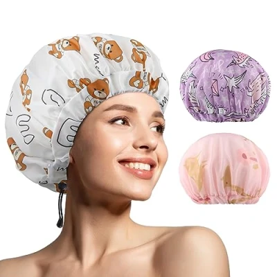 Afbeelding van WINSTECK 3 stuks douchemutsen voor vrouwen, upgrade comfortabel, extra grote en dubbele lagen waterdichte badmuts, oversized ontworpen verstelbare zoom haarkap alle haarlengten/stijl