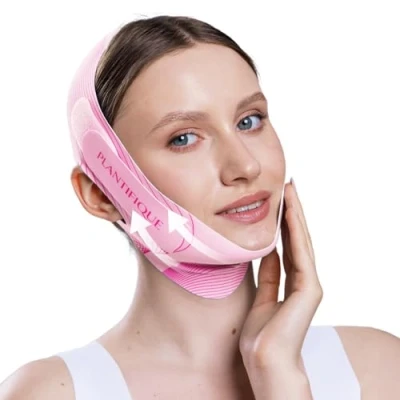 Afbeelding van PLANTIFIQUE Kinband voor Gezichtscontouring Herbruikbaar V Line Ice Silk Masker Dubbele Kin Versteviging, Verstelbare Ademende Stof Kaaklijn Shaper Vrouwen &amp; Mannen