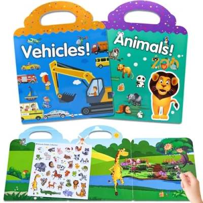 Afbeelding van Herbruikbare stickers voor kinderen, 2 stuks, voertuigen, dieren, stickerboek vanaf jaar, stickerset met creatieve speelscène en stickerillustraties, jongens