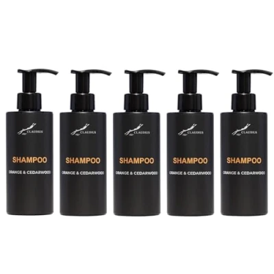 Afbeelding van Shampoo Sweet Orange &amp; Cedarwood 300 ml met pomp zwarte fles set van 5 stuks Voordeelverpakking