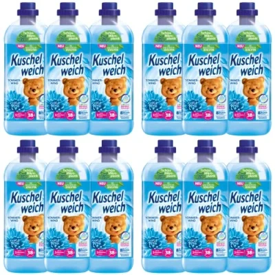 Afbeelding van Kuschelweich wasverzachter zomerwind, huidvriendelijkheid dermatologisch getest, zonder microplastic, praktische voorraad 12 x 1 liter per 38 wasbeurten