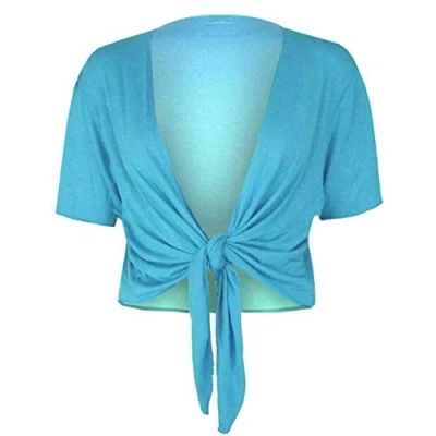 Afbeelding van Fashion Essentials Dames Korte Mouwen Effen Tie Up Shrug Stretch Fit Cropped Cardigan Bolero Top Plus Size Turquoise UK 12 14, Türkis