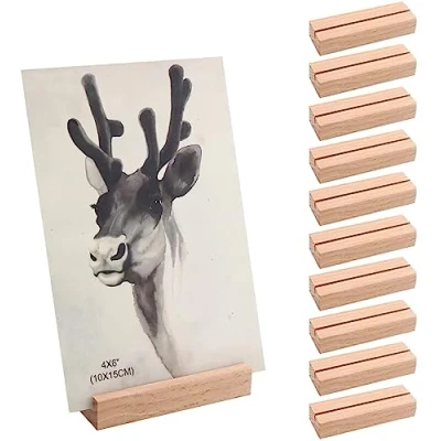 Afbeelding van LONHCHI 10 stuks houten kaarthouders, tafelkaarthouders, fotohouder van massief beukenhout, aturkarton, bruiloft, tafelnummerhouder voor restaurants, bruiloften (8 x 1,5 2,5 cm)