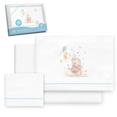 Afbeelding van Interbaby Beddengoedset voor kinderbed, 60 x 120 cm, 100% katoen, warm, zacht, inclusief hoeslaken, dekbedovertrek en kussensloop, ideaal de winter, olifant, wit/blauw