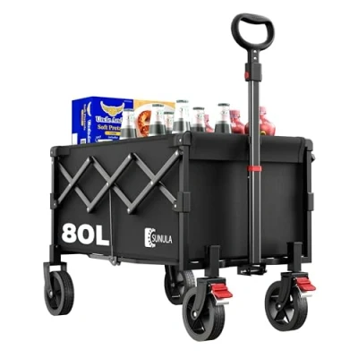 Afbeelding van SUNULA bolderkar, opvouwbaar, klein, 80 liter, 100 kg, opvouwbare inklapbare handwagen met half eigen gewicht, terrein beweegbaar, remmen, zwart